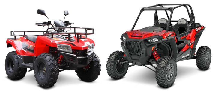 ATV With Motorcycle Style Seat And Handlebar Controls / UTV Has 2 Side-by-side Seats With A Traditional Car Style Steering Wheel And Throttle Controls