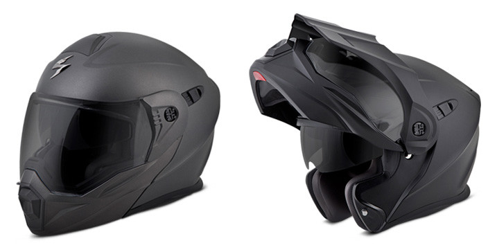 Scorpionexo Solid Adventure Touring Modular Helmet In Closed And Open Positions